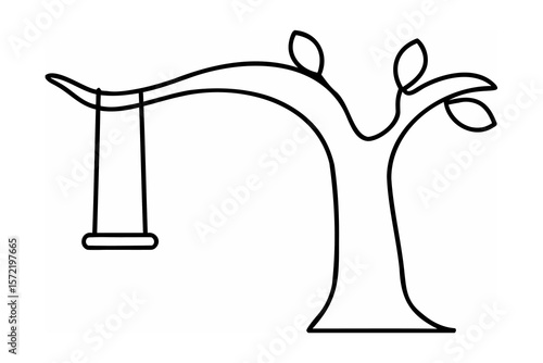 Stylized tree with hanging swing and leaves black and white