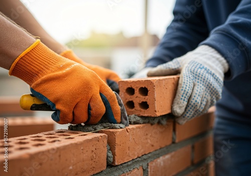 Two builders are working together during the daytime on a construction site, laying bricks and applying mortar to build a wall.