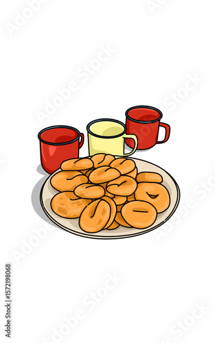 A plate of classic Donuts and three cups of coffee in a traditional kitchen