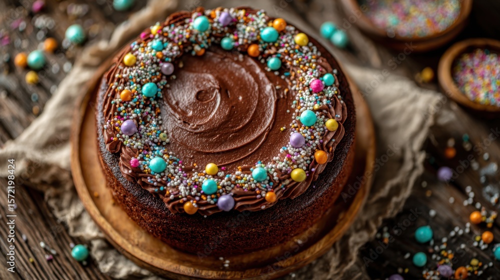 A delicious chocolate cake sits on a wooden platter, decorated with vibrant sprinkles. Surrounding the cake are scattered decor items highlighting a festive atmosphere. A delicious chocolate cake sits on a wooden platter, decorated with vibrant sprinkles. Surrounding the cake are scattered decor items highlighting a festive atmosphere.