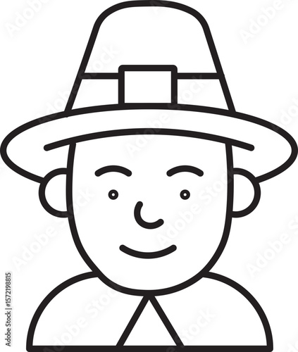 Pilgrim man icon black outline smiling face traditional hat simple line art historical character Thanksgiving theme isolated on transparency background