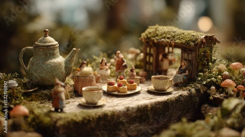 Miniature tea party in fairy garden