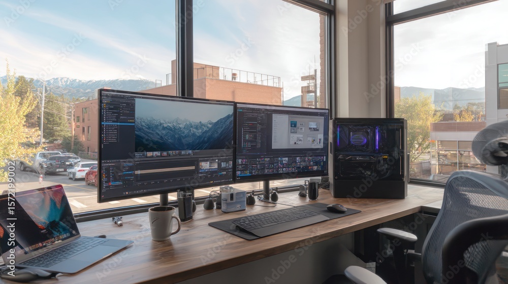 Naklejka premium Modern creative workspace with computer screens