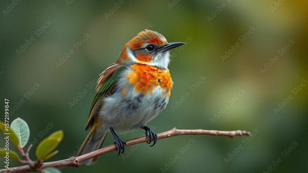 Fototapeta premium Colorful Songbird Perched on Branch with Smooth Green Bokeh Background