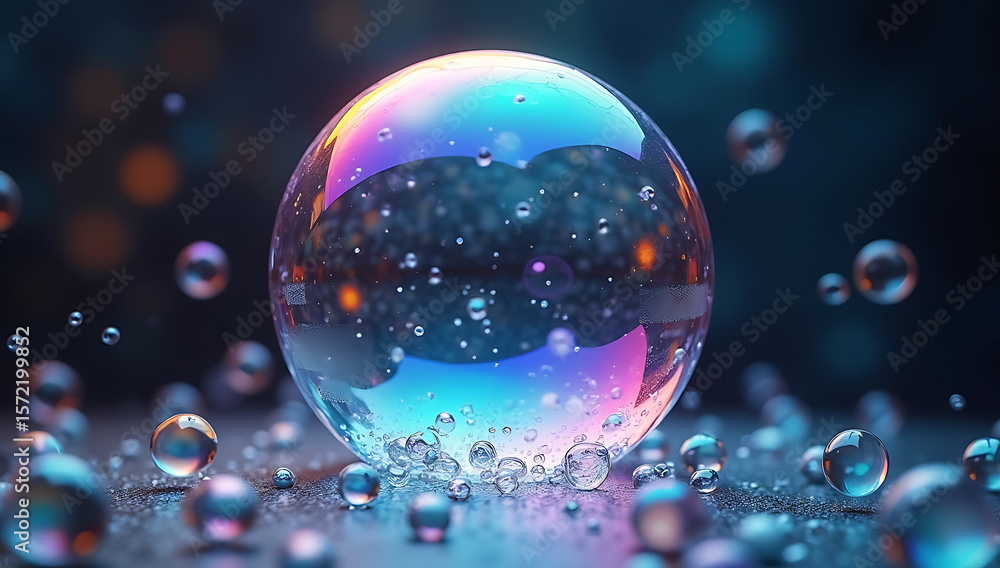 Naklejka premium crystal glass ball, shimmering iridescent surface, floating in water, surrounded by bokeh lights, dreamlike fantasy atmosphere, vibrant neon colors, volumetric lighting, cinematic depth of field, 8K