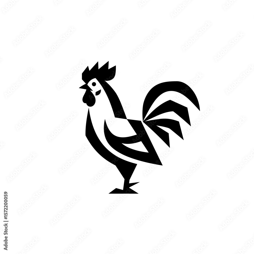 Fototapeta premium A stylized black-and-white rooster illustration featuring bold geometric shapes and abstract angles for a sleek and modern visual impact.