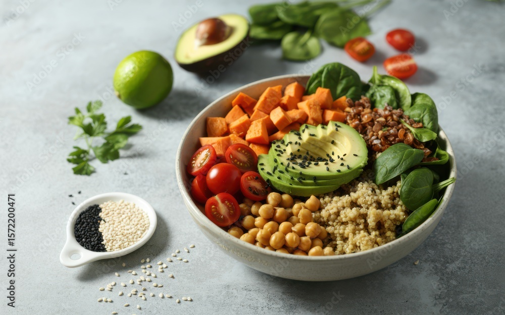 Healthy Buddha bowl with roasted sweet potato, spinach, chickpeas, and avocado on concrete surface with garnishes and natural light for plant-based meal photography Healthy Buddha bowl with roasted sweet potato, spinach, chickpeas, and avocado on concrete surface with garnishes and natural light for plant-based meal photography