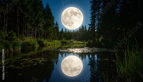 Full moon reflects on still lake in dark forest