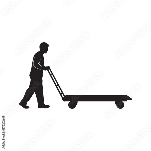 Worker Pushing Hand Truck Trolley Silhouette Vector Icon Logistics