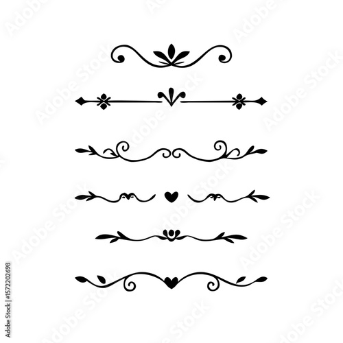 Decorative simple divider. Text dividers retro minimal line separators,  Vector isolated geometric wedding card heart separator elements set. Text dividers. . Hand drawn vector illustration. 
