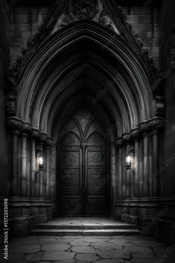 Fototapeta premium Gothic architecture doorway with intricate carvings and dim lighting