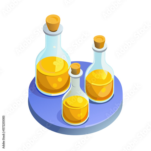 Isometric Glass Bottles with Golden Liquid