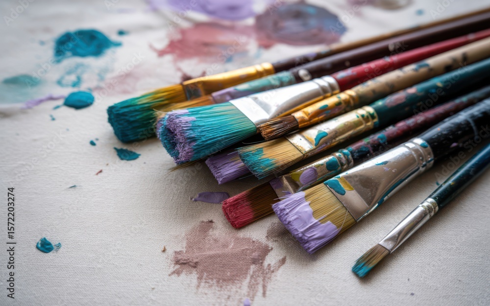 Fototapeta premium Well-used paintbrushes with dried paint in turquoise, crimson, and lavender scattered on a white linen canvas with soft light