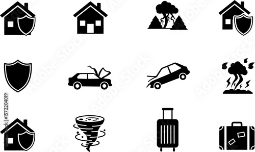 Insurance coverage icons for home car travel natural disaster protection and safety vector illustration vector