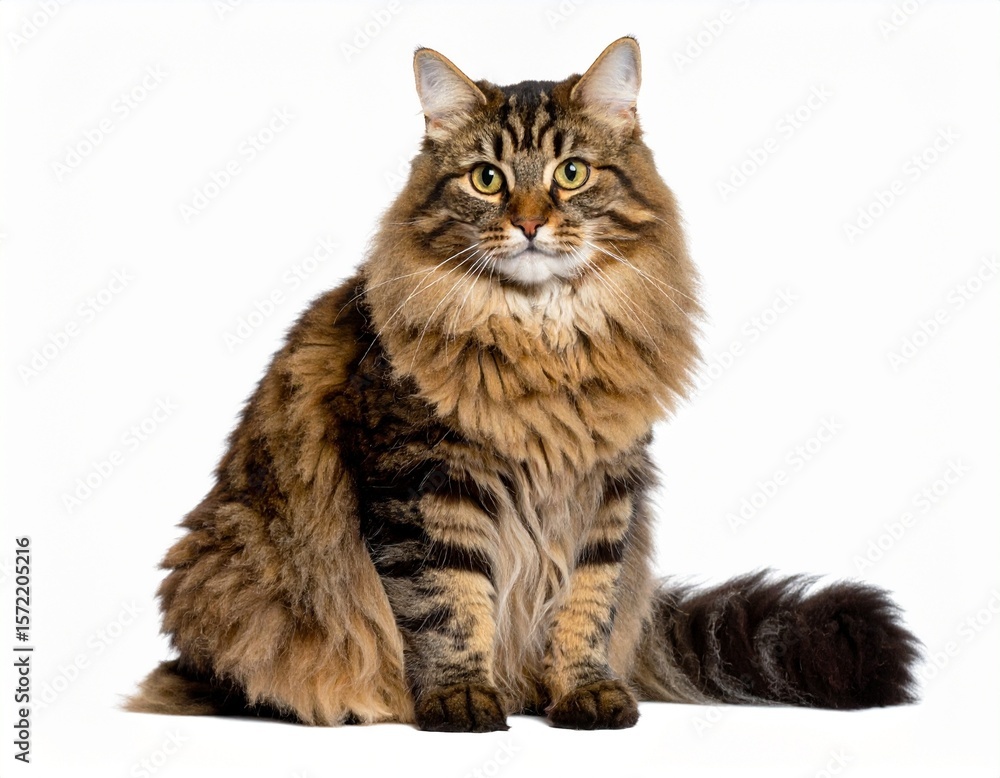 Fototapeta premium Majestic Maine Coon Cat with Brown Tabby Fur - Pet Portrait on White