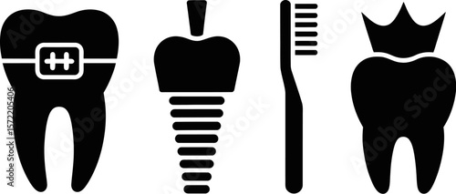 Dental care icons set tooth with braces implant toothbrush and crown vector illustration graphic 100 vector