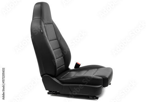Isolated black leather car seat showcasing its design and features on a white background view side