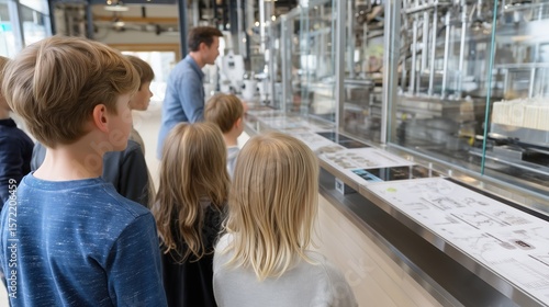 Children Observing Factory Production Process Through Glass Panel on Educational Tour