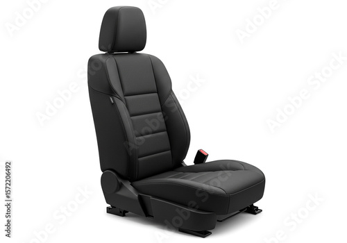 A black leather car seat with headrest and seatbelt buckle isolated on white background studio shot