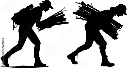 Person Carrying Firewood or Sticks - Manual Labor and Gathering Silhouette