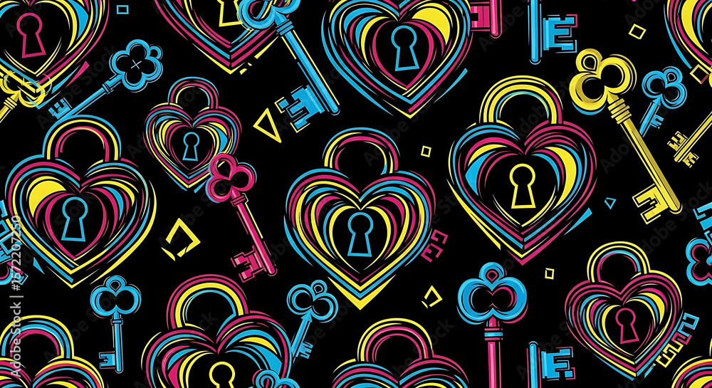 Colorful HeartShaped Locks and Keys Pattern. Colorful HeartShaped Locks and Keys Pattern.