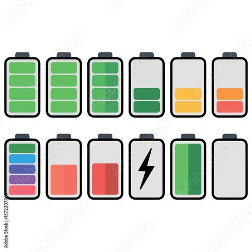 Battery charge level indicator vector set for mobile devices and power status illustration design concept
