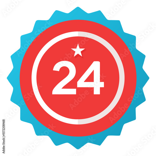 Vector art of a vibrant red and blue circular badge displays the number 24, signifying a 24hour service or availability