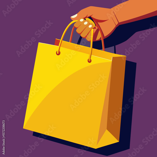 Vector art of a hand gently holds a vibrant yellow shopping bag, ready for a delightful shopping spree