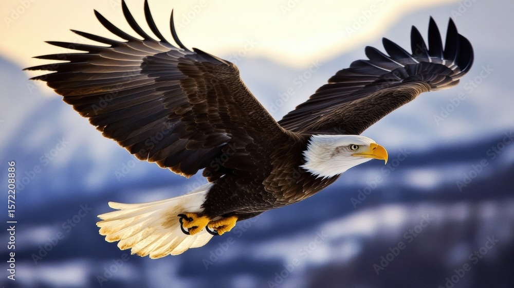 Obraz premium Bald Eagle Soaring in Mountainous Landscape at Sunrise/Sunset, Dramatic and Majestic over