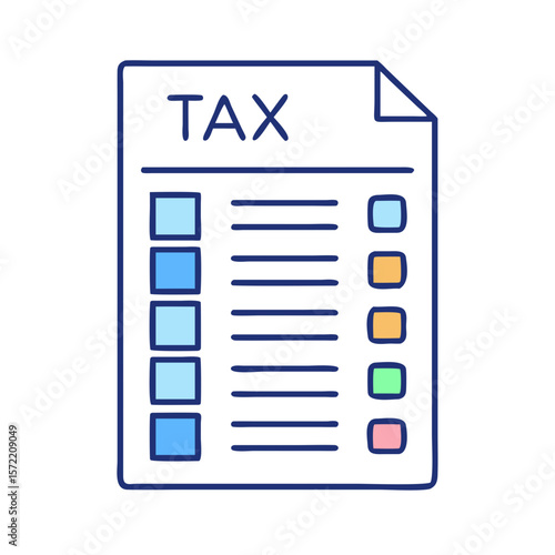 Stylized tax form document with blue outline on White Background