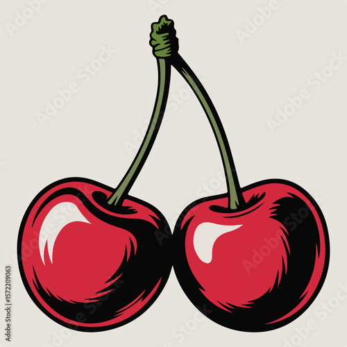 Illustration of two red cherries with green stems attached