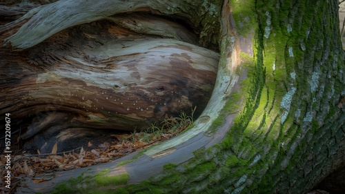 Close up of moss covered tree bark and fallen leaves with water droplets