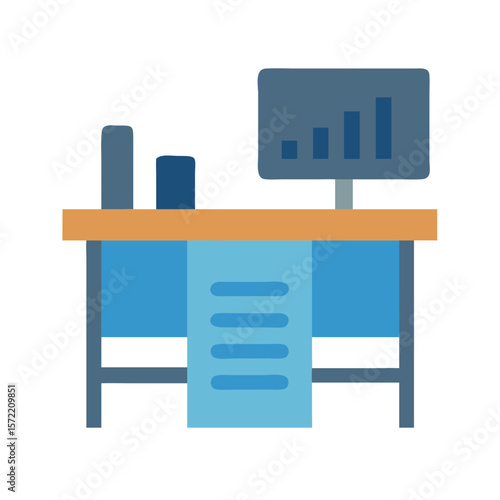 Stylized office desk illustration with computer and document holder