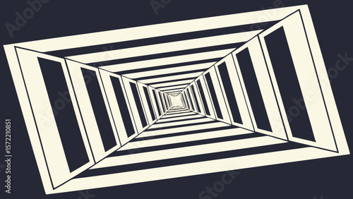Perspective view of a black and white striped tunnel receding into the distance creating an optical illusion
