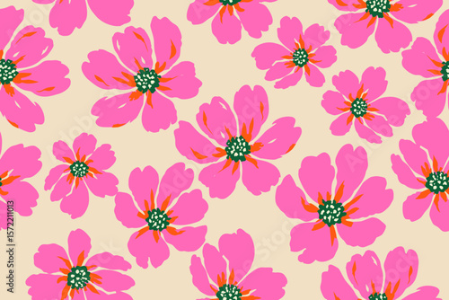 Vibrant pink floral pattern with bold orange accents and dark green centers on a beige background. Perfect for textiles, wallpapers, and cheerful design themes.