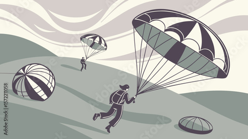 Illustration of skydivers landing with parachutes on a hilly landscape under a cloudy sky art