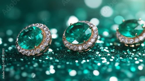 Emeralds: Captivating close-up of a trio of exquisite emerald gemstones, each encircled by a delicate halo of diamonds, reflecting vibrant hues and an opulent aesthetic.