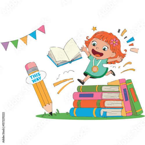 Illustration of girl jumping over books with pencil and banner for educational concept design