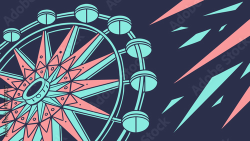 Illustration of a ferris wheel with pink and blue accents on a dark blue background design style