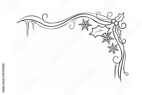 Ornate winter corner flourish with holly and snowflakes