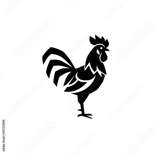 A stylized black-and-white rooster stands proudly with bold geometric feathers and angular features, creating a modern and abstract visual impact.