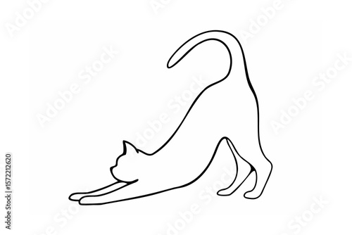 Black cat stretching with curved tail yoga pose black and white