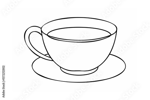 Simple black and white drawing of a coffee cup and saucer
