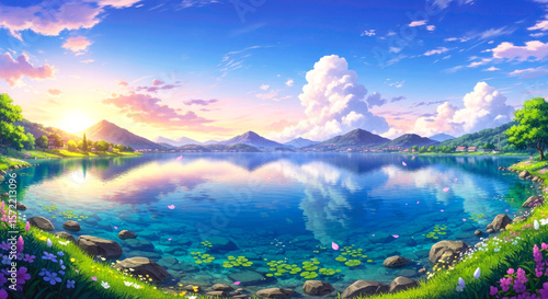 Majestic Sunset Landscape: Serene Lake, Mountains, and Vibrant Sky