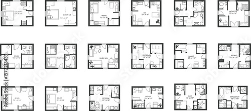 Collection of small house and apartment floor plans, compact living space layouts, modern residential blueprints, tiny home design templates, real estate architecture illustrations.