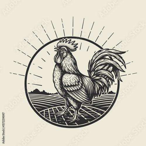 A proud rooster stands in a field with stylized feathers and a prominent comb, framed by a circular sunburst and rows of crops in a rural landscape.