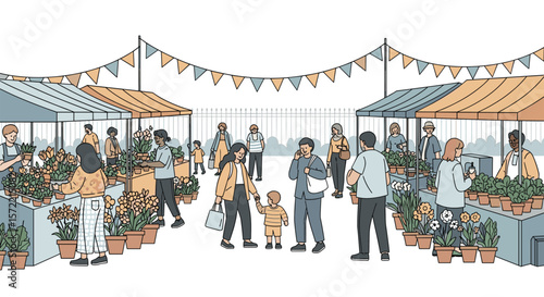 A bustling outdoor farmers market scene filled with shoppers browsing stalls laden with fresh produce and flowers under colorful bunting