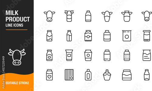 Milk product line icons vector set editable stroke dairy farm products cow milk bottle milk can milk jar vector editable stock vector