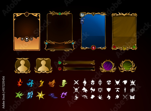 collection set of fantasy golden ancient trading card game with elements, rpg icon symbols, medal and bar