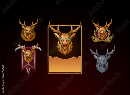set of fantasy ancient deer head rpg logo icon with medal, card, banner